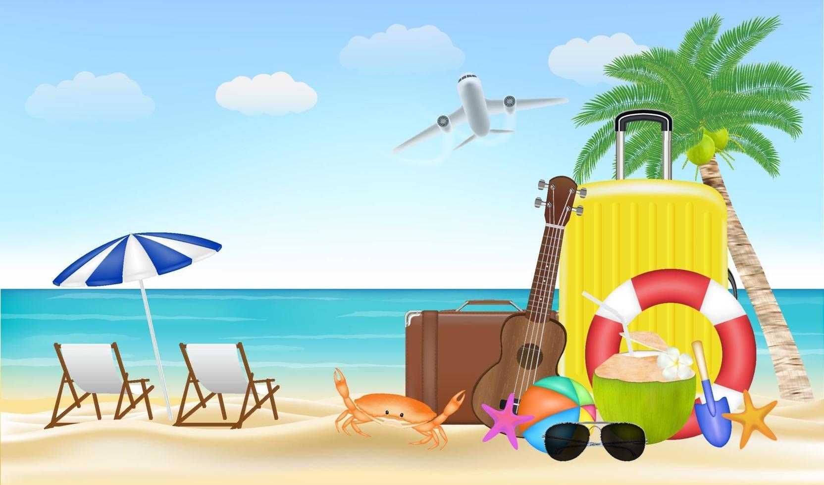 vacaciones de verano con bolsa de viaje en la playa de arena de mar vector