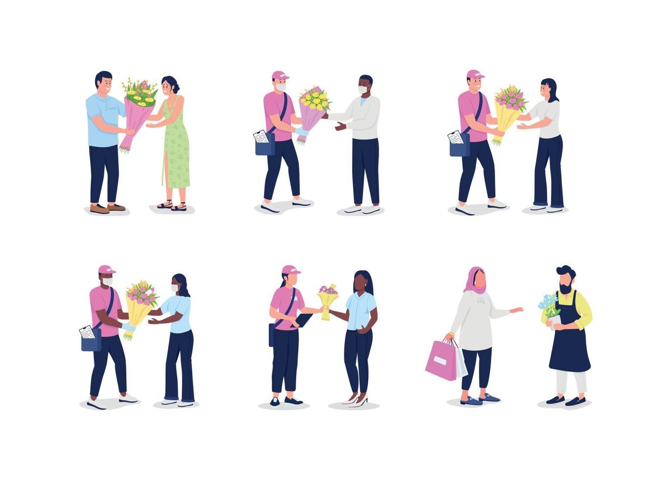 Flower delivery couriers with customers faceless character set vector