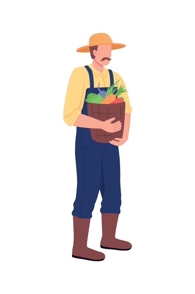 Caucasian farmer with bucket of vegetables flat color vector faceless character