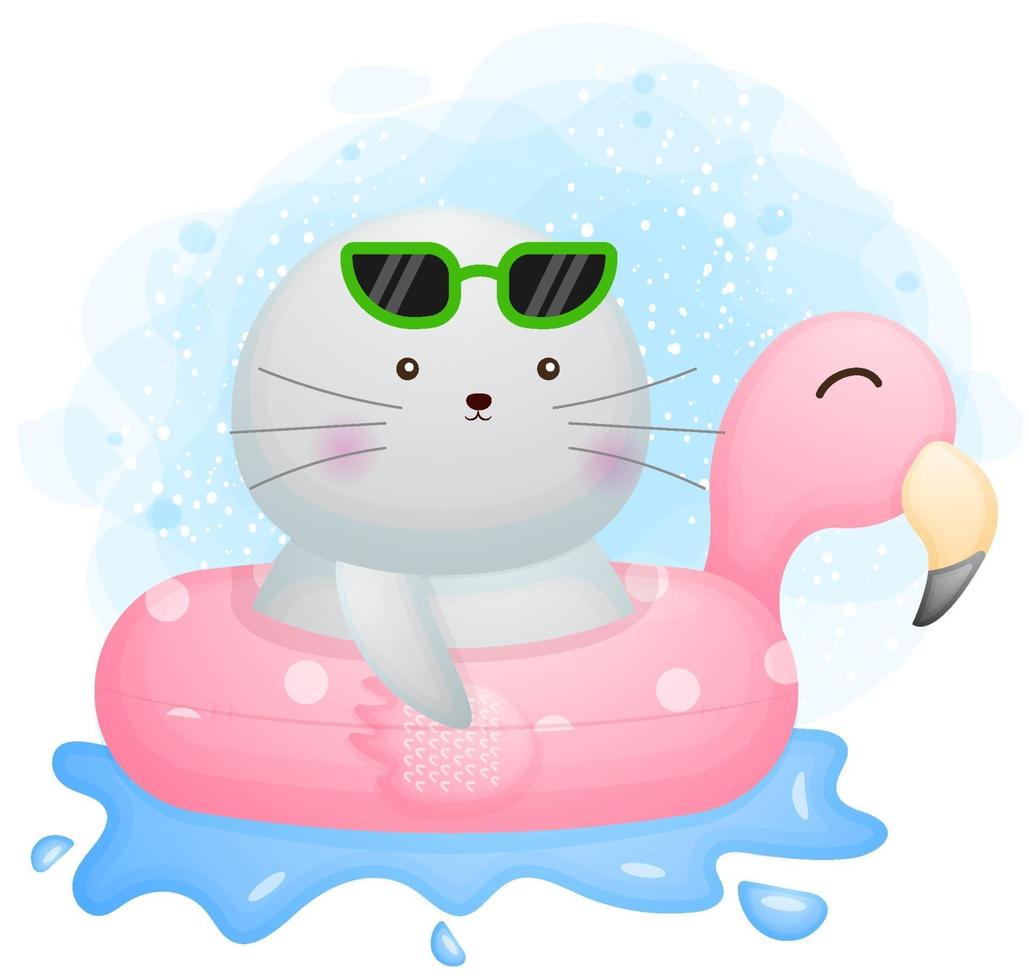 Cute doodle walrus with a flamingo buoy cartoon character vector