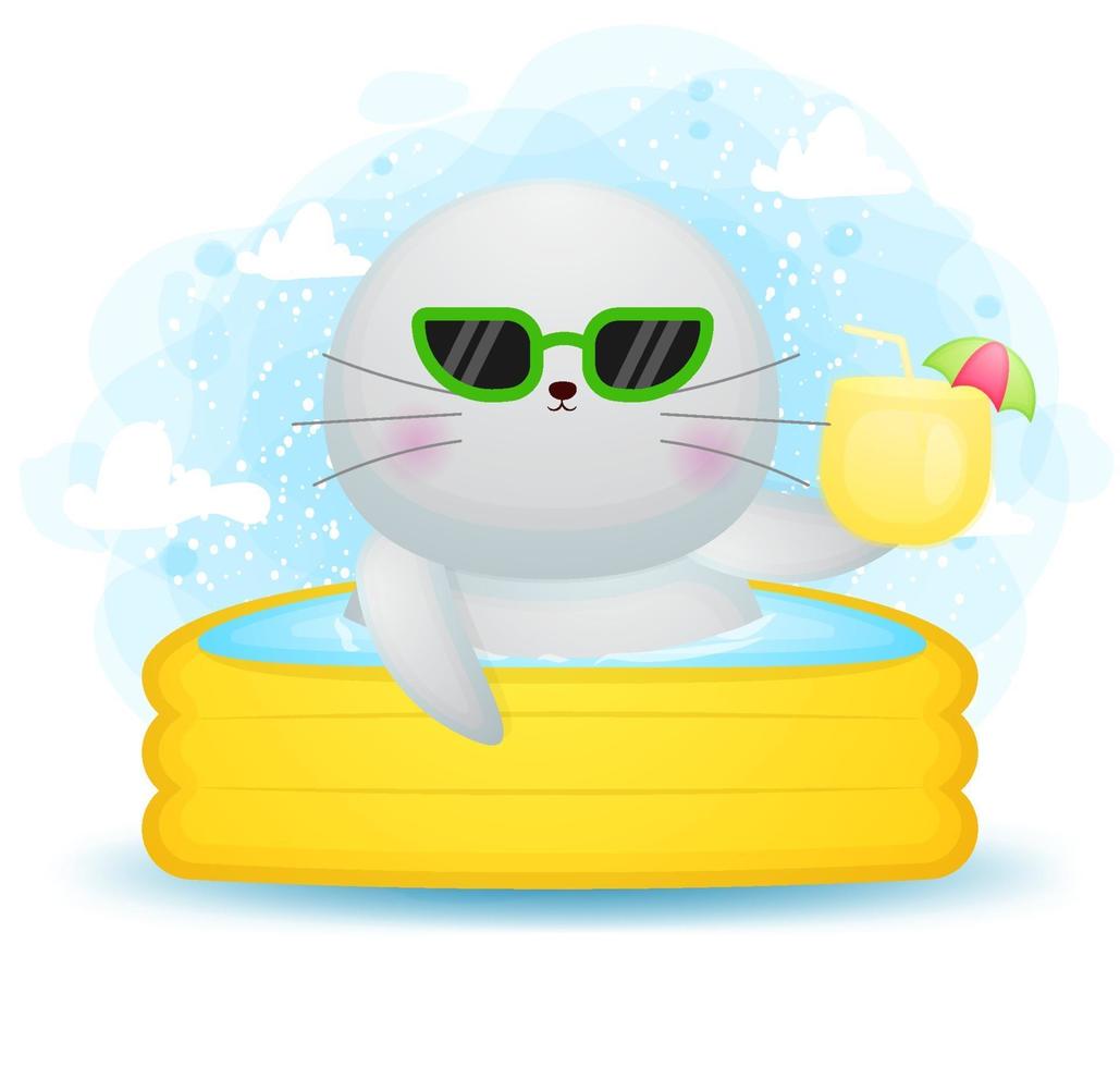 Cute doodle walrus on swimming pool cartoon character vector