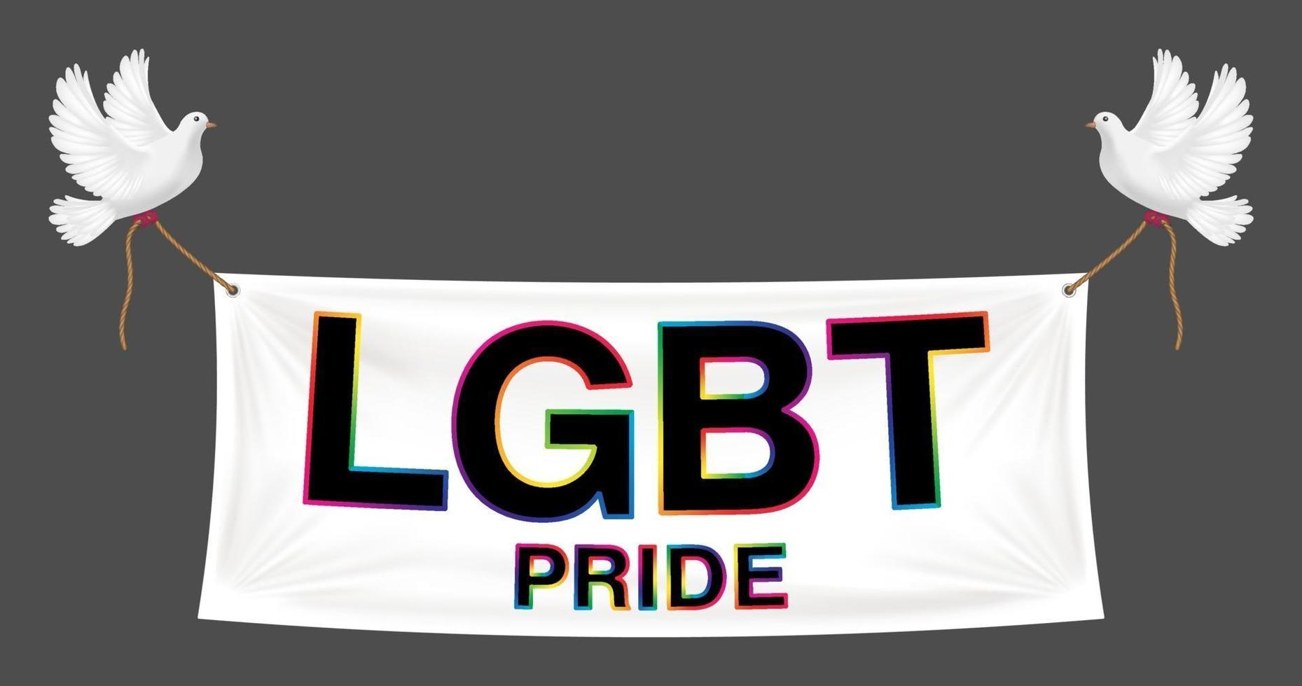 floating LGBT pride banner with two pigeons vector