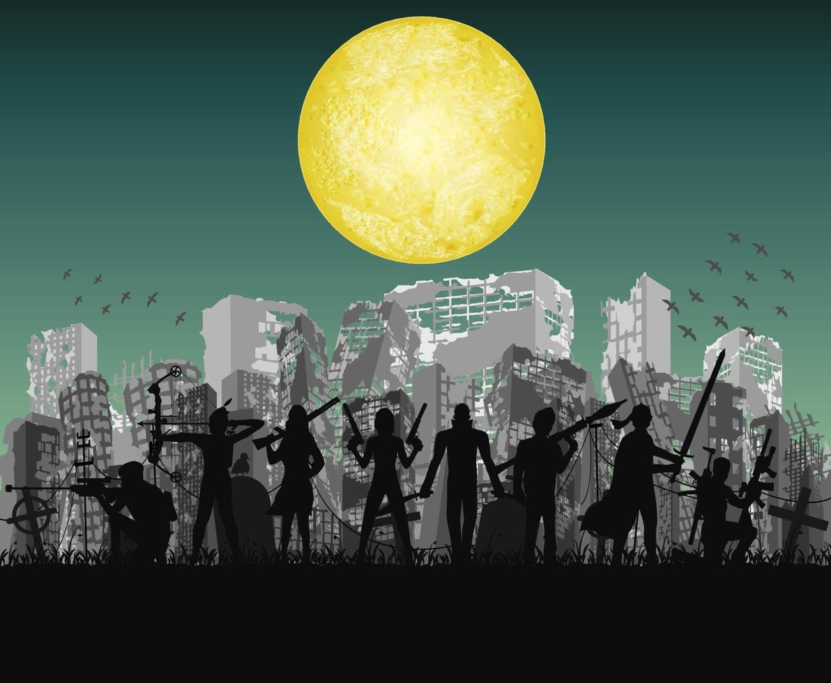 halloween zombie slayer team with ruined apocalypse city vector