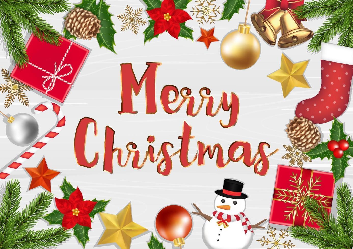 Merry Chrismas Objects, Top View on wood background vector