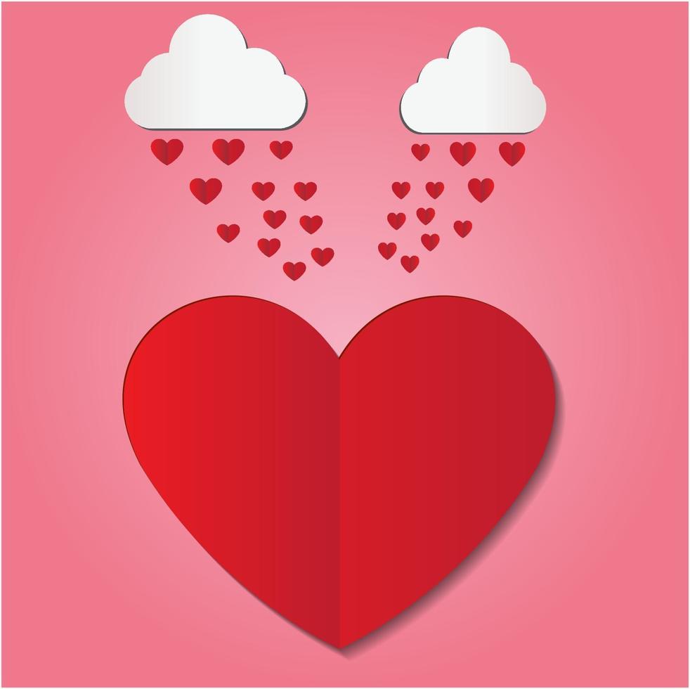 arte de papel corazón lluvia cae sobre corazón rojo ilustrador vectorial. vector