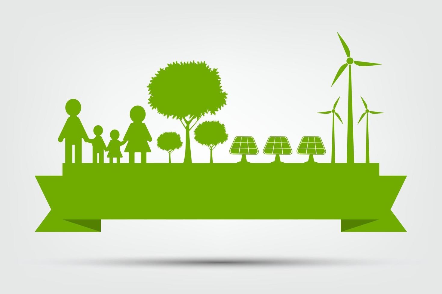 concepto de medio ambiente mundial y símbolo de la tierra con hojas verdes alrededor de las ciudades ayudan al mundo con ideas ecológicas, ilustración vectorial vector