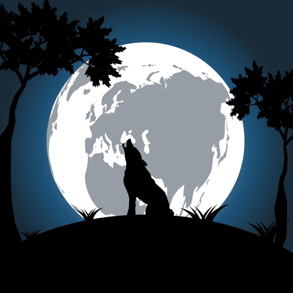 wolf at night on the moon is bright and bright background. vector
