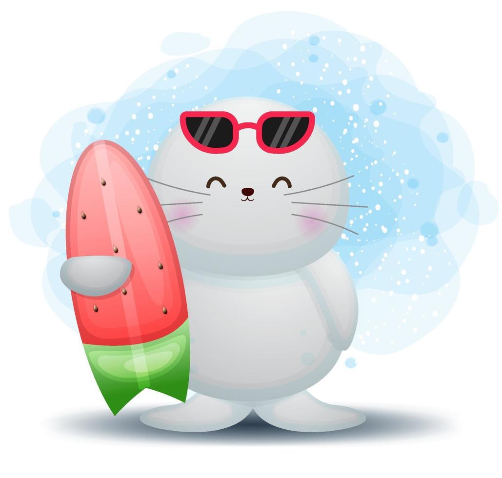 Cute doodle walrus holding watermelon surf cartoon character vector