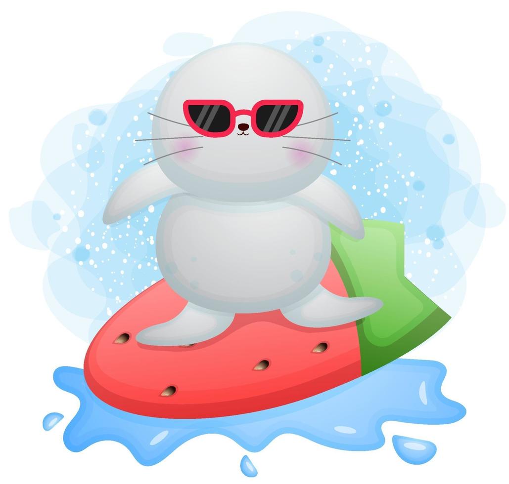 Cute doodle walrus playing surf cartoon character Premium Vector