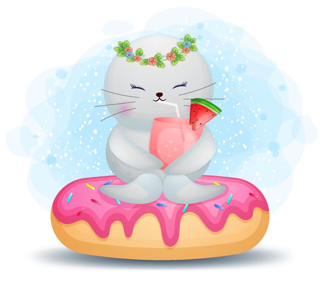 Cute doodle walrus sit on big donut and sucking on watermelon juice cartoon character vector