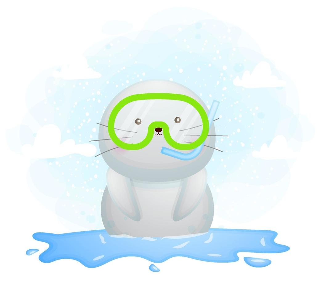 Cute doodle walrus wearing swimming goggles cartoon character vector