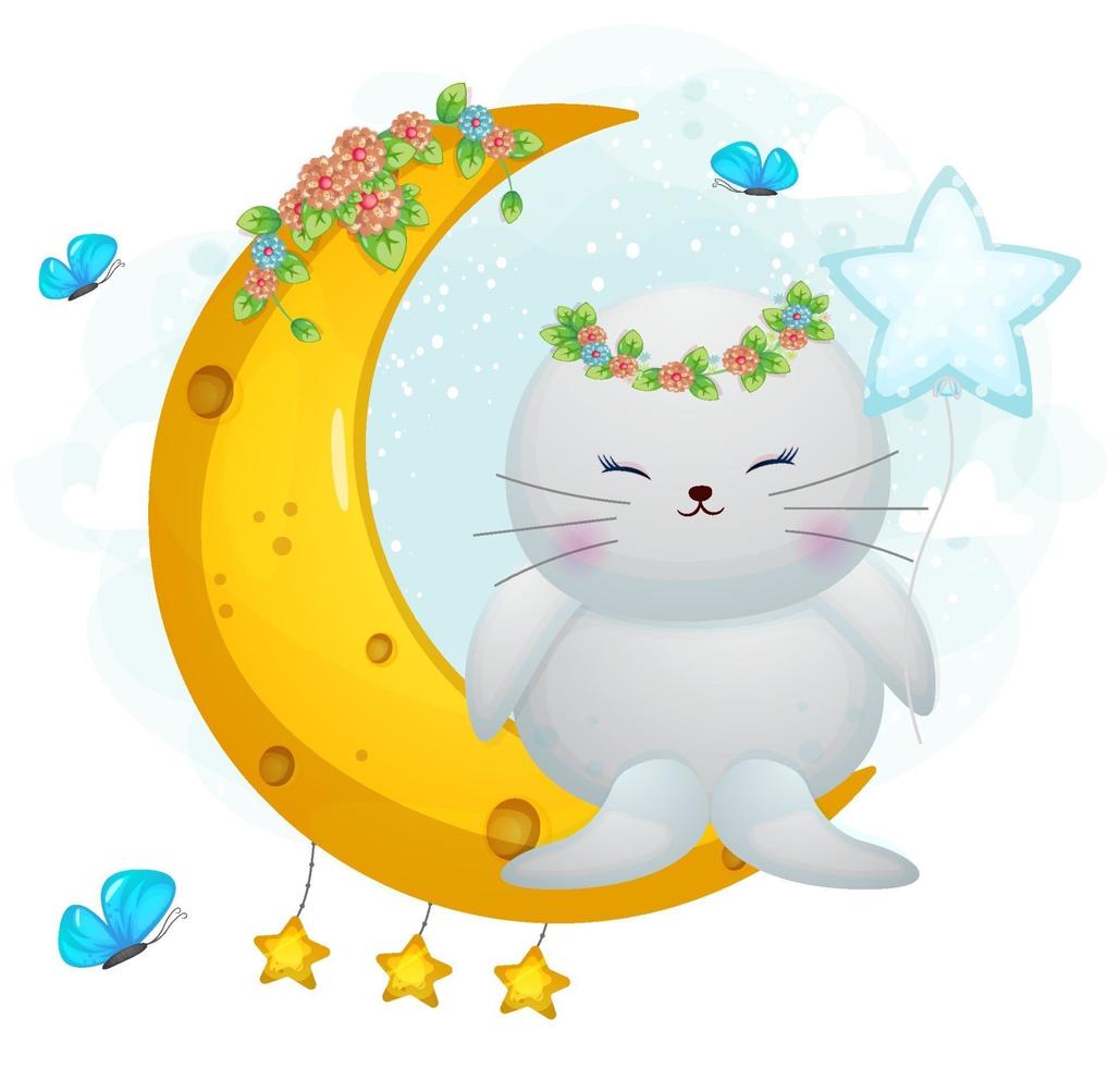 Cute doodle walrus girl sit on the moon cartoon character vector