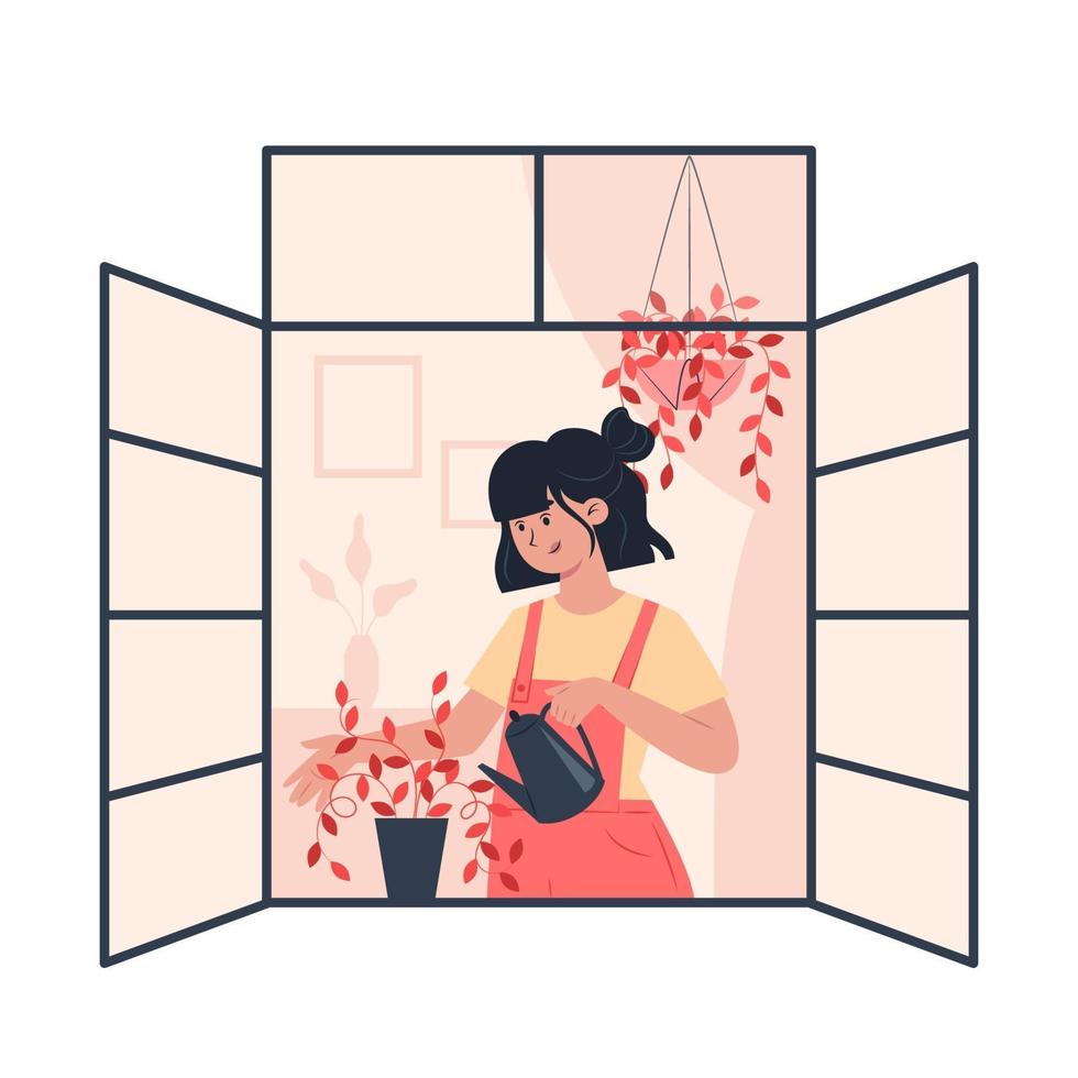 Young woman watering plants on an open window vector