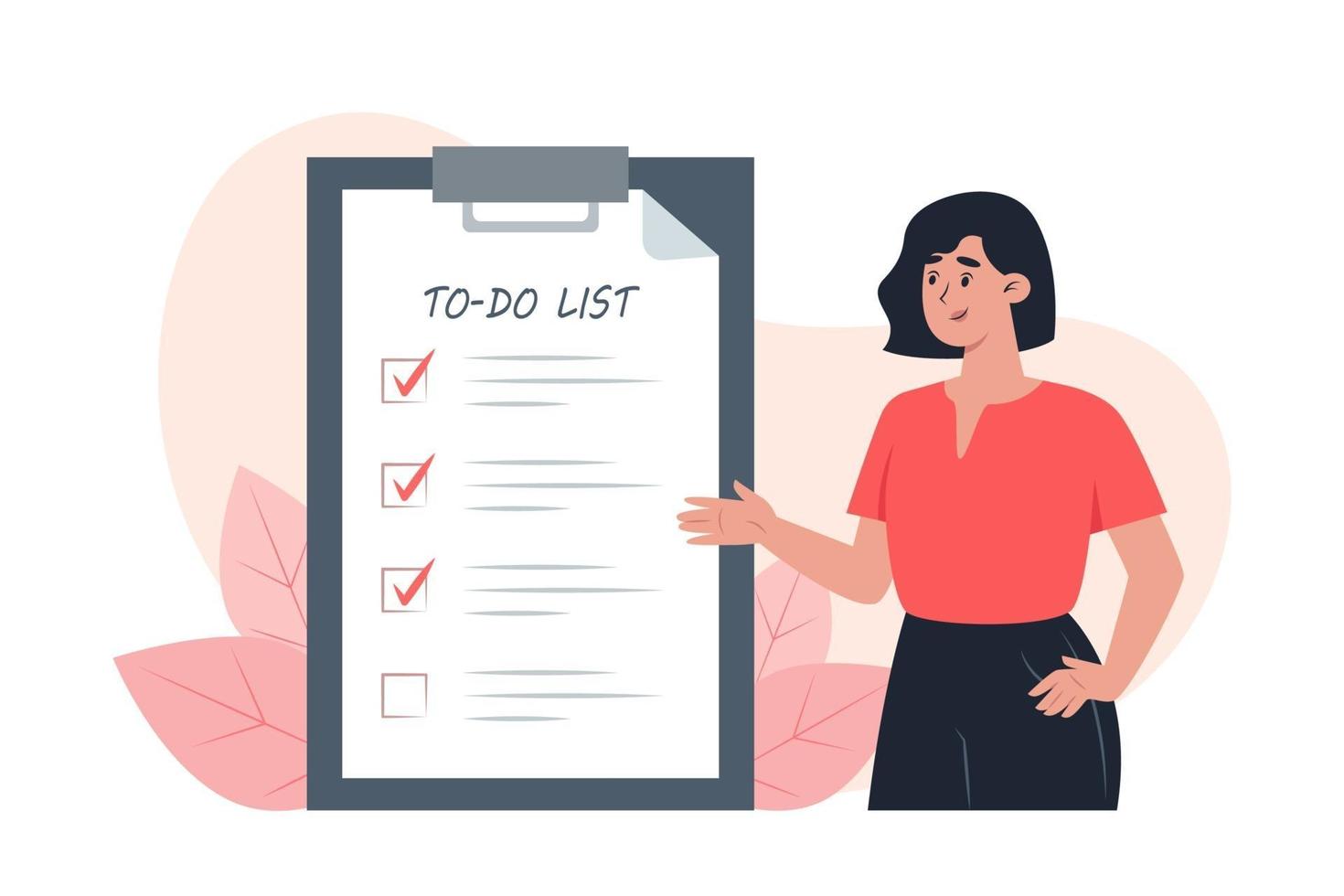 To-do list, young woman puts check marks in front of completed tasks vector