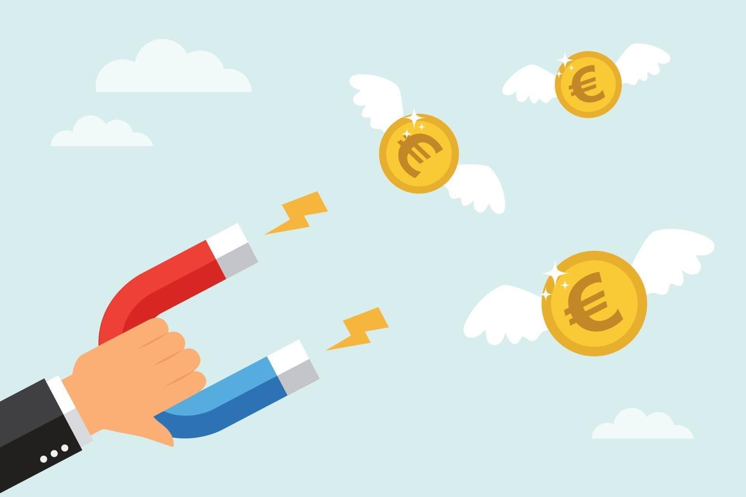 Businessman attract money euro coins with a large magnet vector