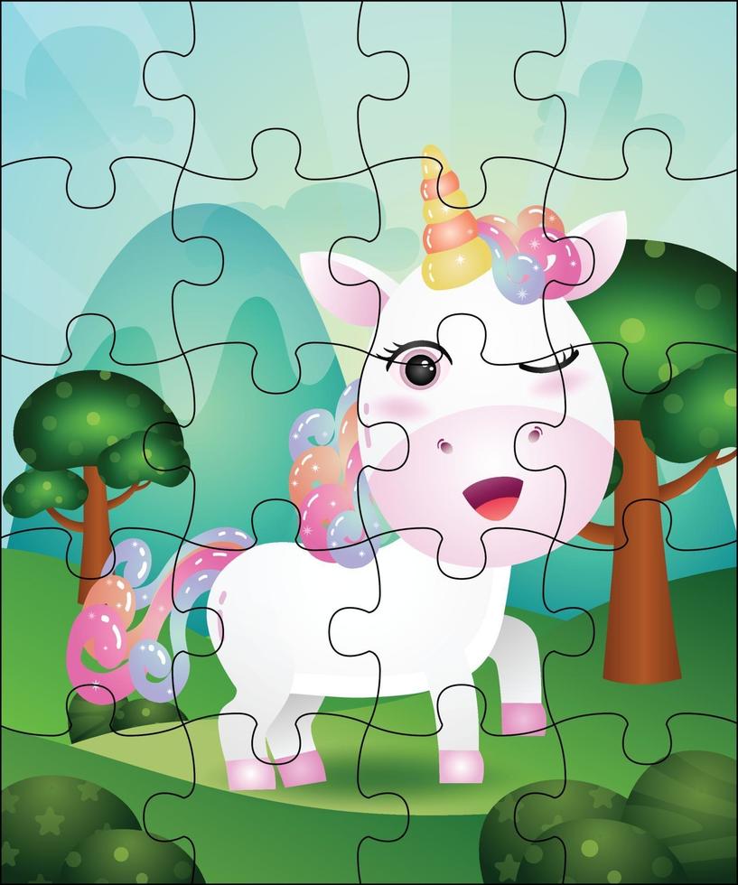 Ilustración de juego de rompecabezas para niños con lindo unicornio vector