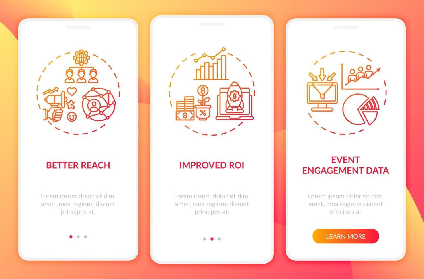 Hybrid gathering benefits onboarding mobile app page screen with concepts vector