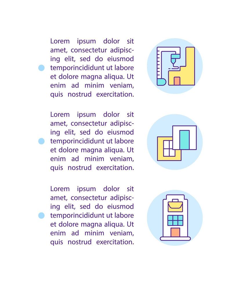 Iconos de línea de concepto de edificios impresos en 3D con texto vector