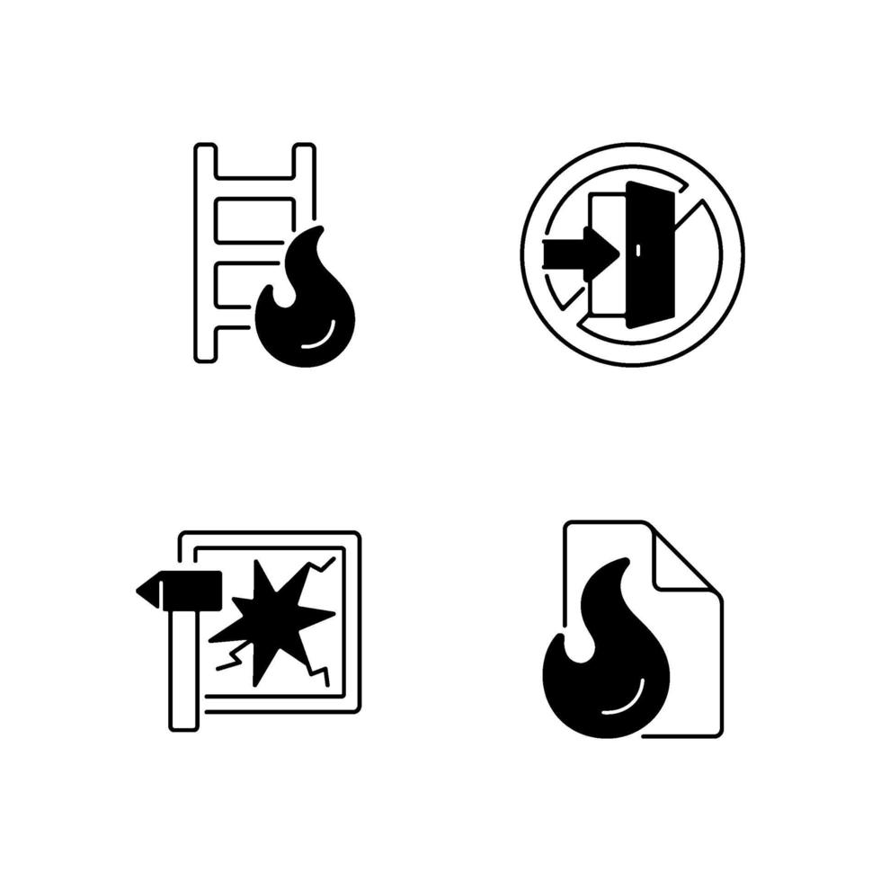 Fire safety regulations black linear icons set vector
