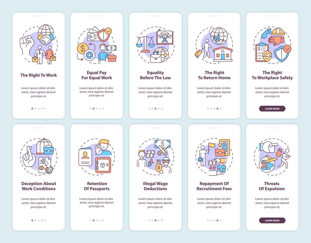 Migrant workers rights onboarding mobile app page screen with concepts set vector