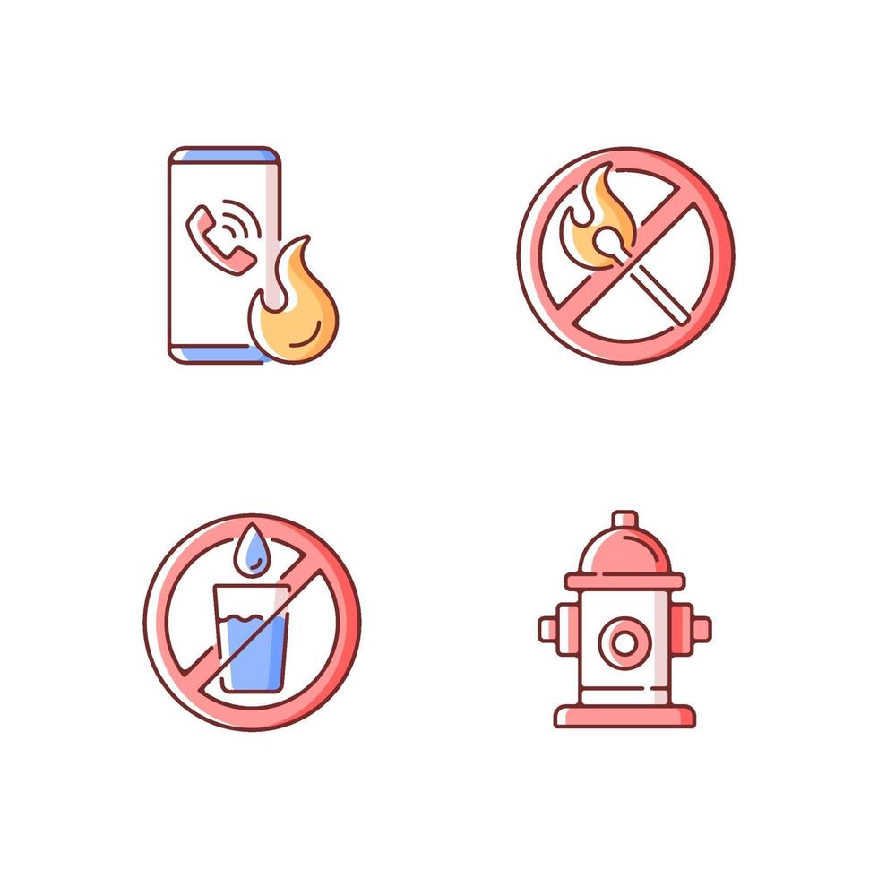 Instrucciones de emergencia para el conjunto de iconos de colores rgb de seguridad contra incendios vector