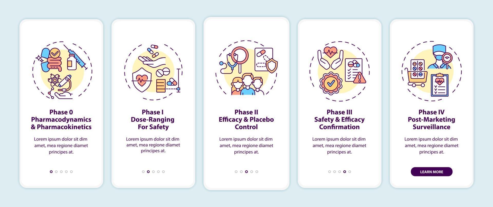 Clinical trials phases onboarding mobile app page screen with concepts vector