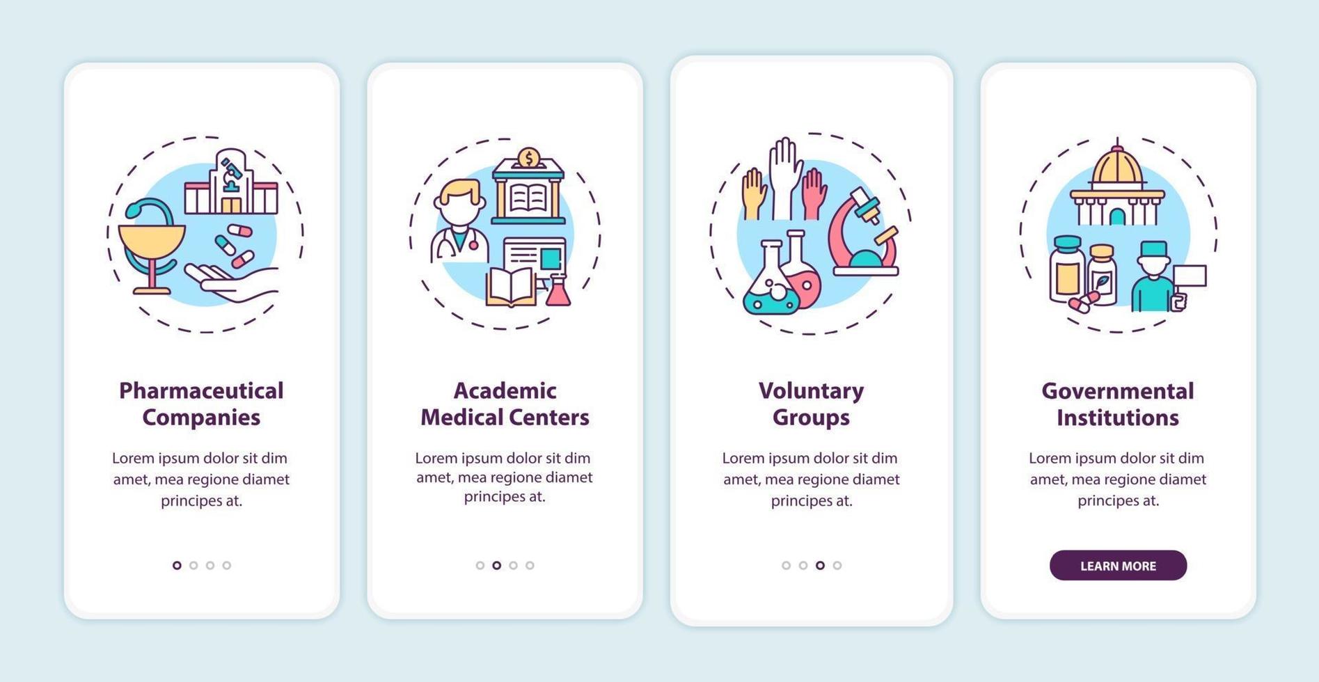 Clinical trials sponsorship onboarding mobile app page screen with concepts vector