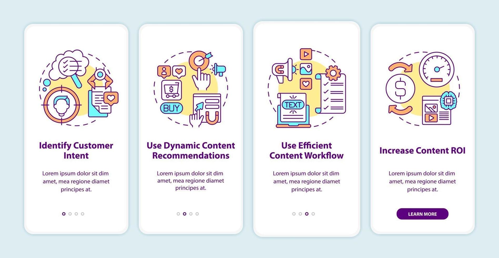 Smart content creation tips onboarding mobile app page screen with concepts vector