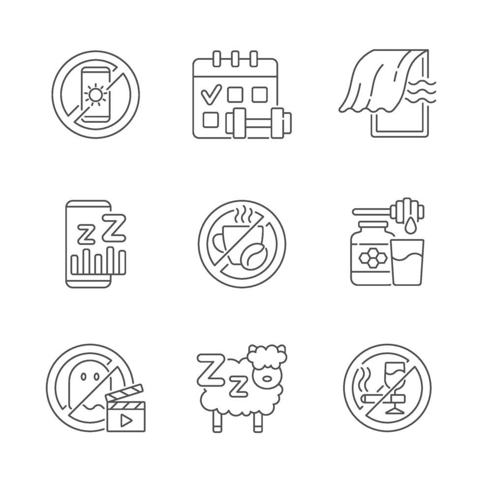 Insomnia reasons linear icons set vector