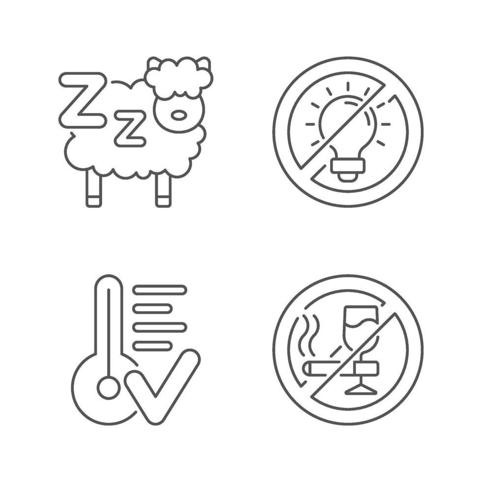 Sleep hygiene linear icons set vector