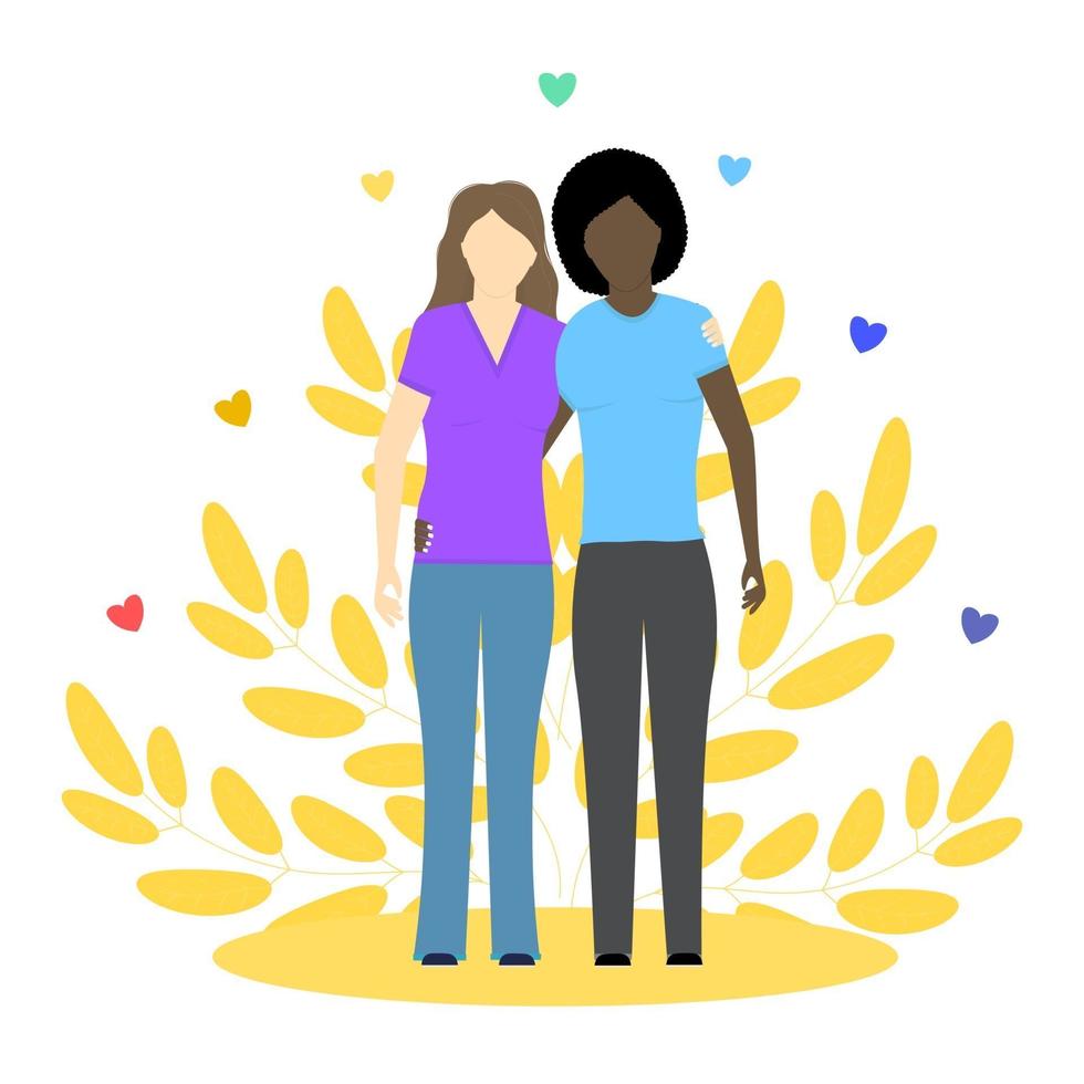 Two lesbian girls, black and white. LGBT couple. Gay relationship. Concept vector illustration. Perfect for internet publication.