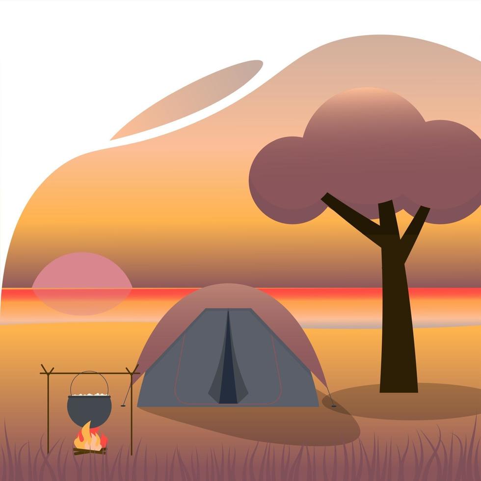 Camping at the evening beach. Local tourism. Concept vector illustration.