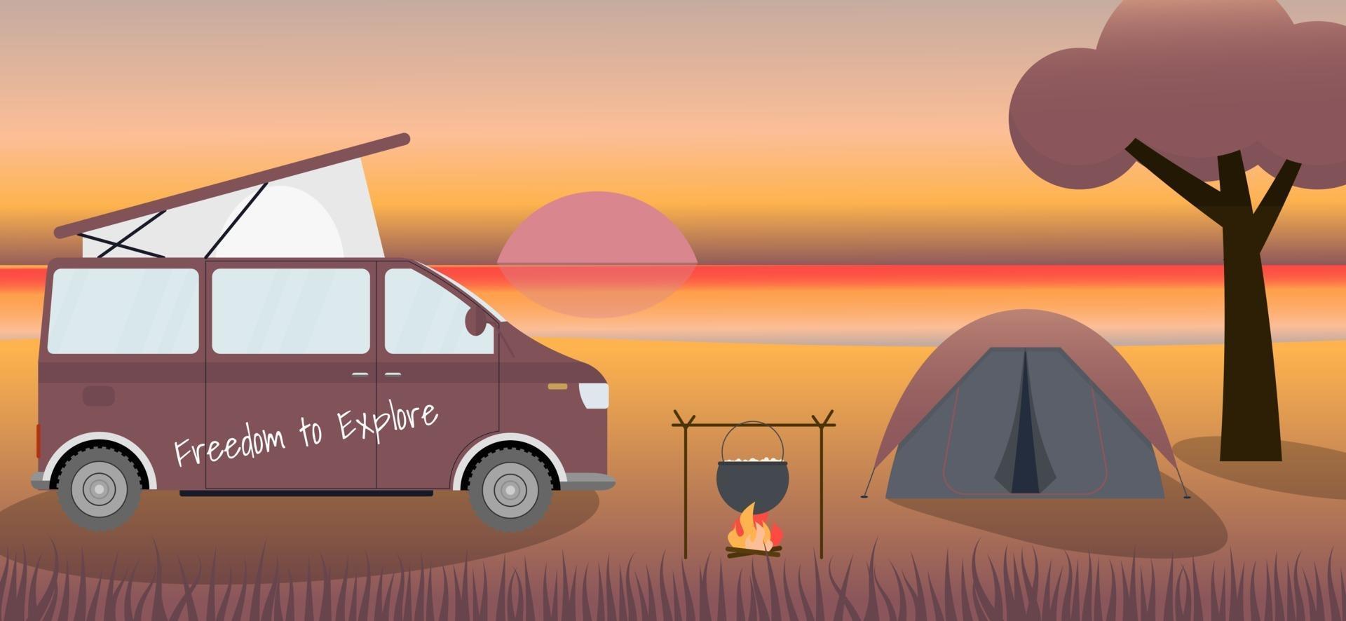 Caravan and camping at the evening beach. Local tourism. Concept vector illustration.