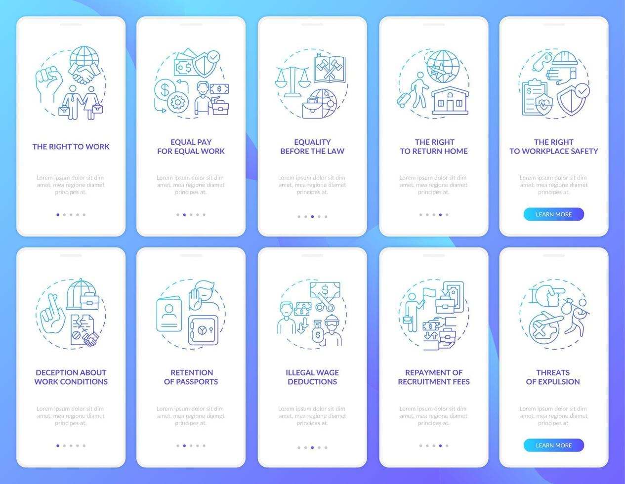Migrant workers rights navy onboarding mobile app page screen with concepts set vector