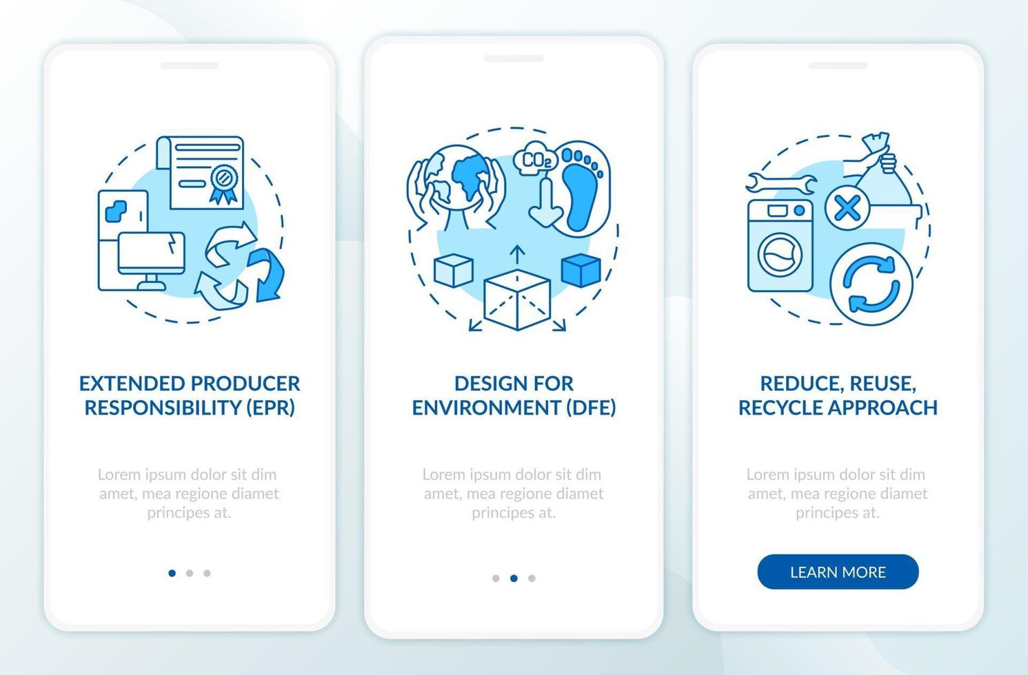 E-trash reducing initiatives onboarding mobile app page screen with concepts vector