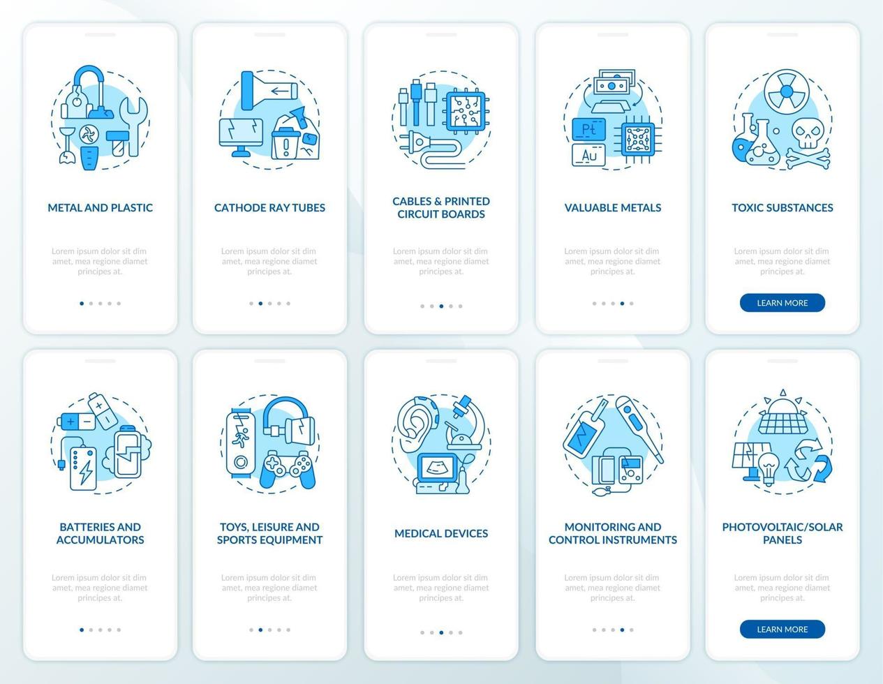 Pantalla de la página de la aplicación móvil de incorporación de reciclaje de basura electrónica con conceptos establecidos vector