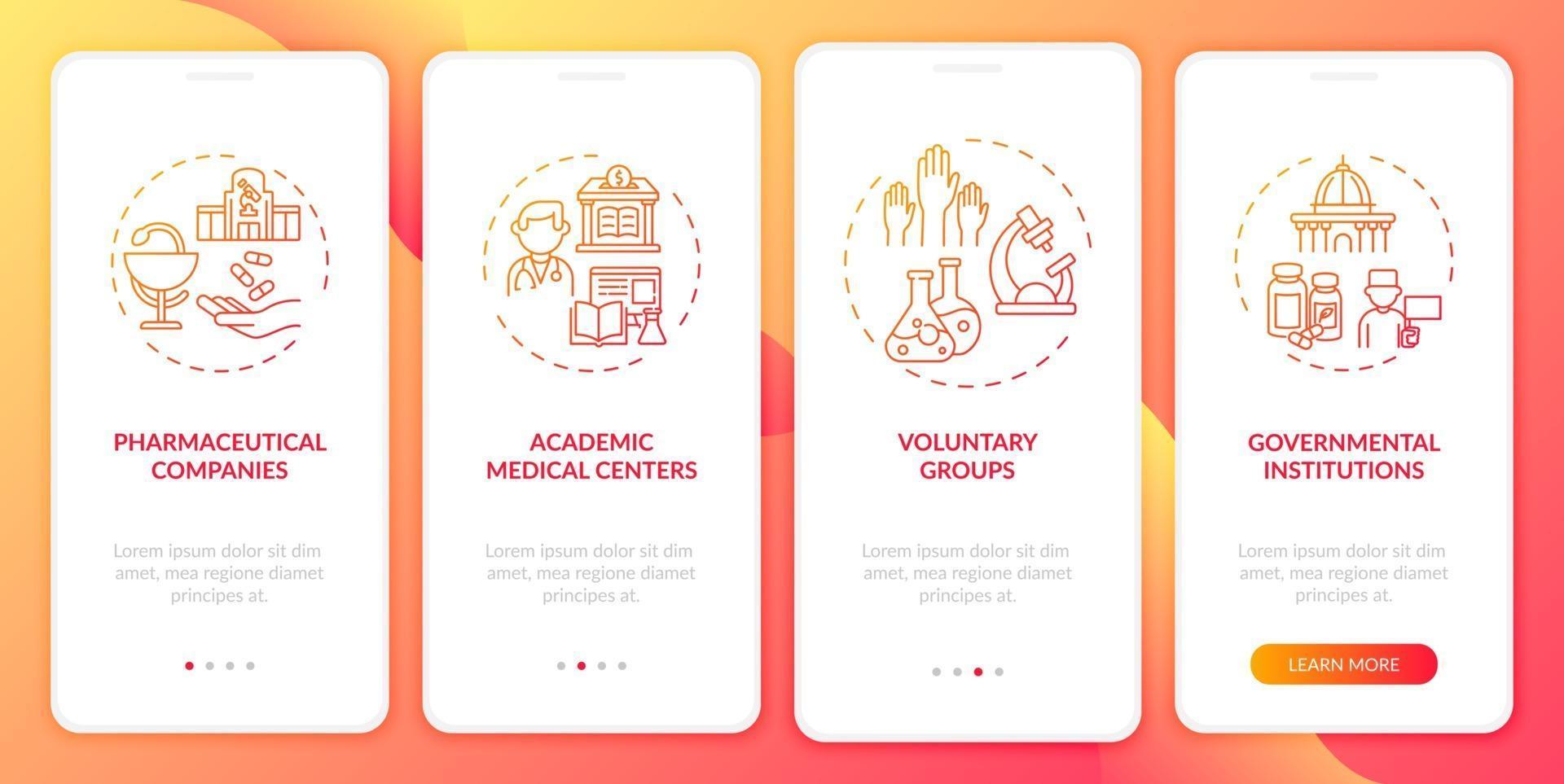 Clinical trials funding onboarding mobile app page screen with concepts vector