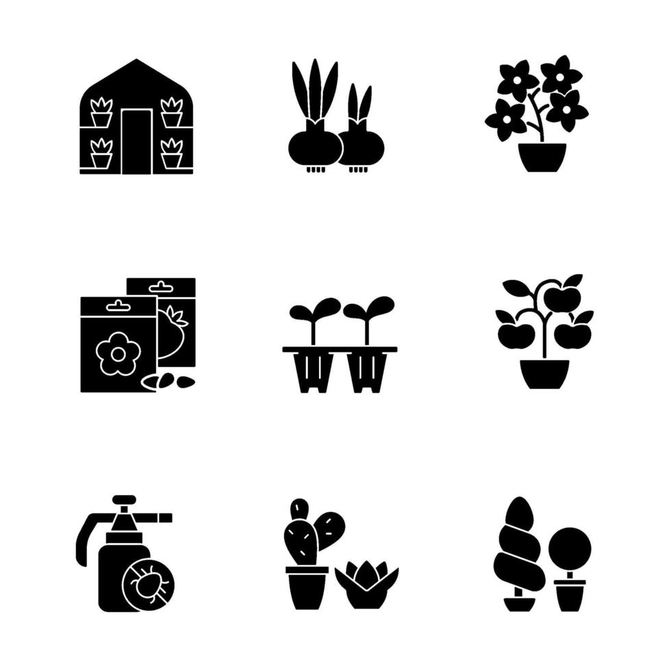 Categorías de tiendas de jardinería iconos de glifos negros en espacio en blanco vector