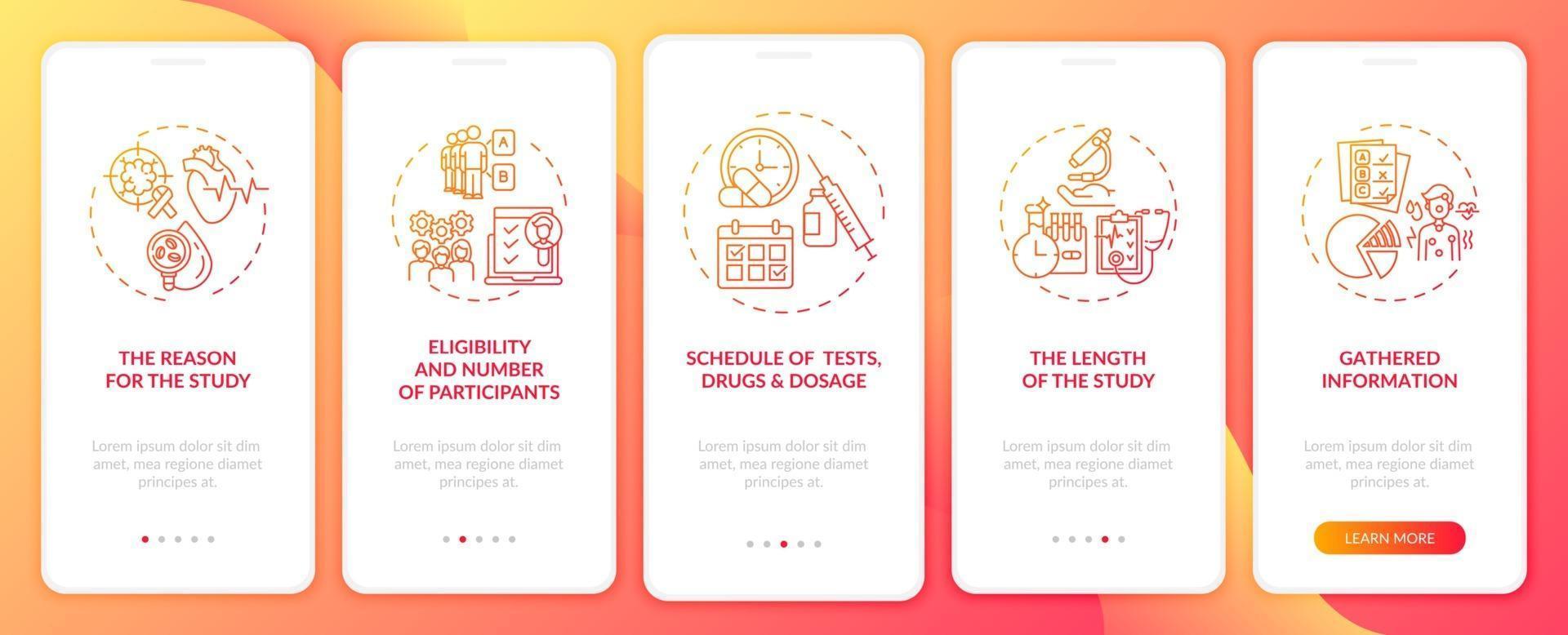 Clinical trial data elements onboarding mobile app page screen with concepts vector