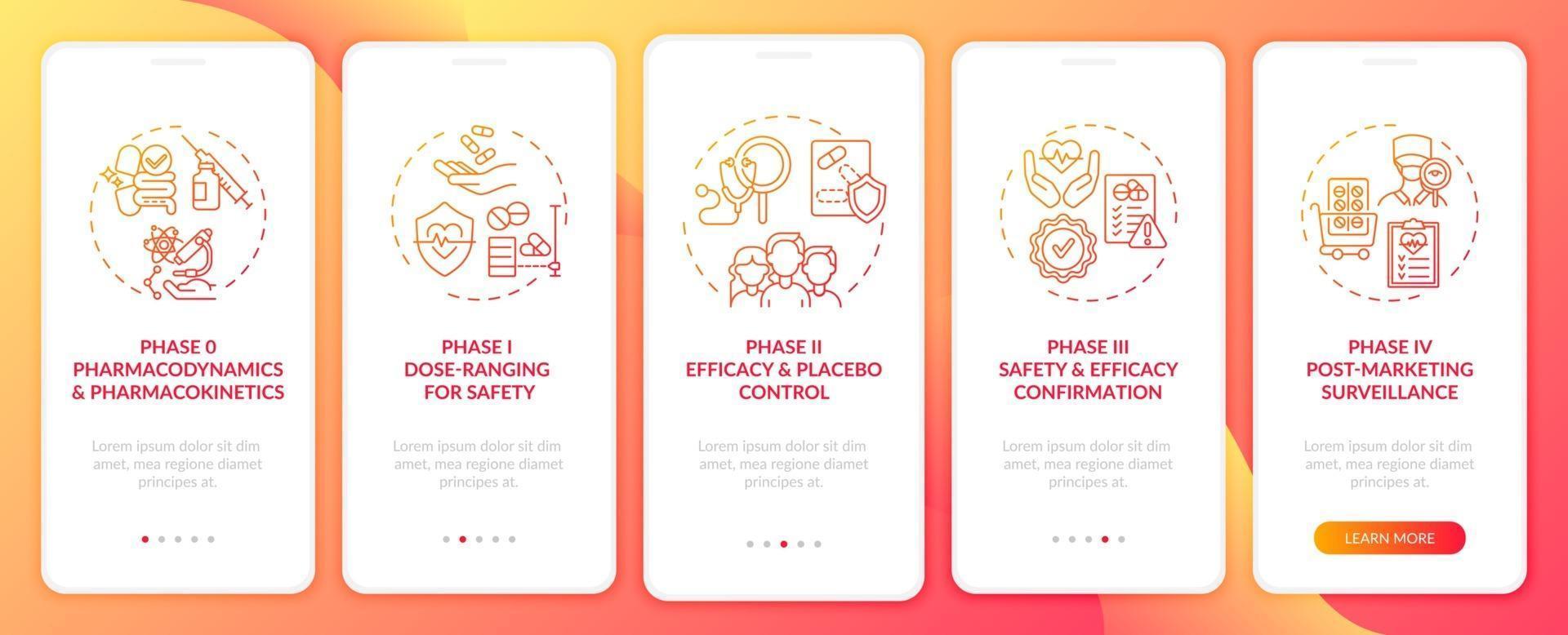 Clinical tests phases onboarding mobile app page screen with concepts vector