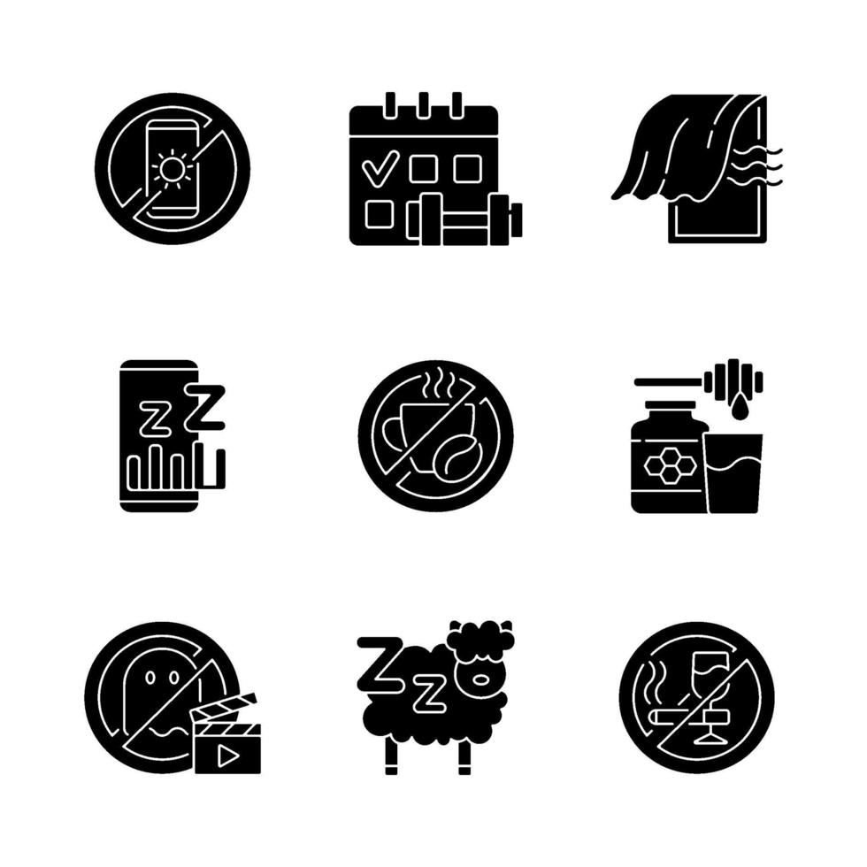 Insomnia reasons black glyph icons set on white space vector