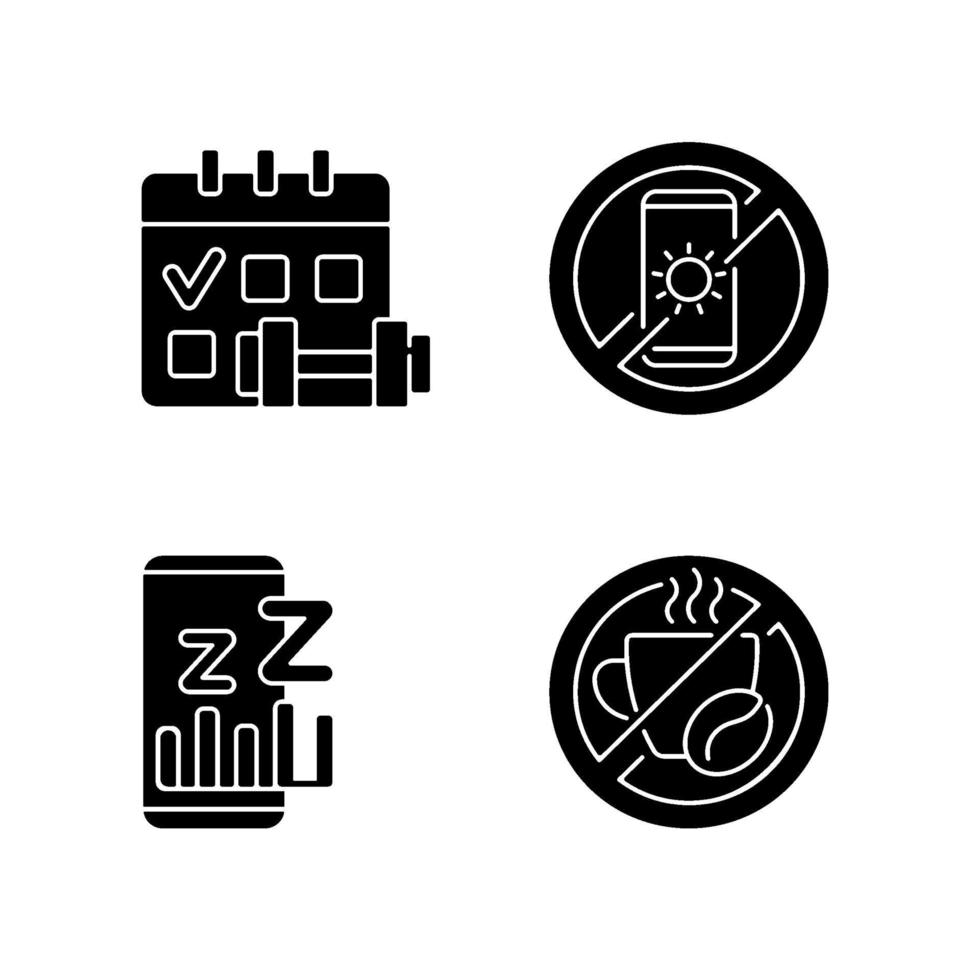 Recommendations to prevent insomnia black glyph icons set on white space vector