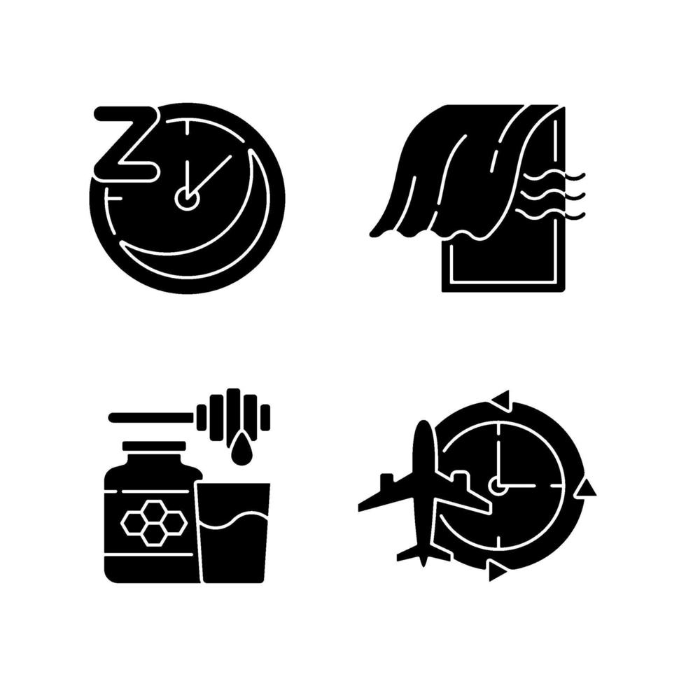 Recommendations to improve sleep black glyph icons set on white space vector