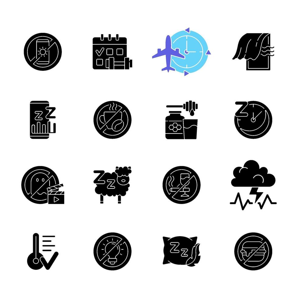 Insomnia causes black glyph icons set on white space vector