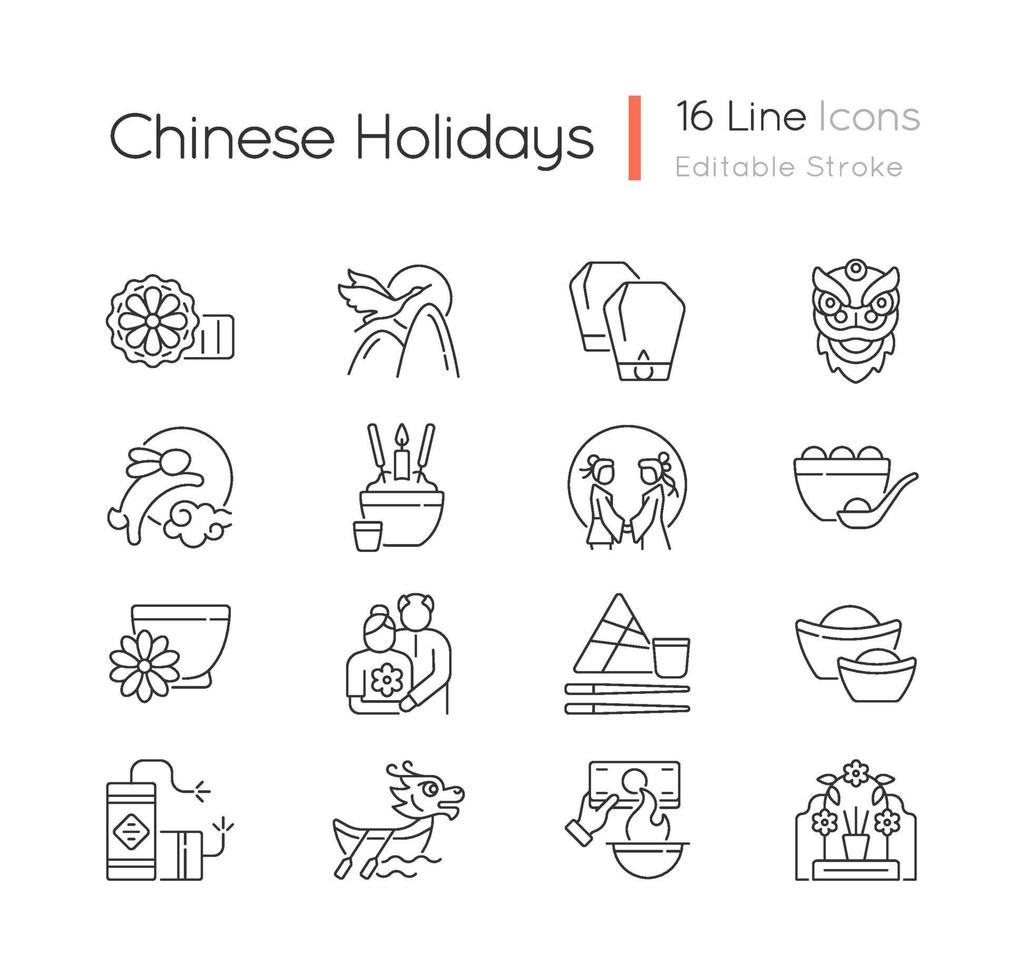 Chinese holidays linear icons set vector