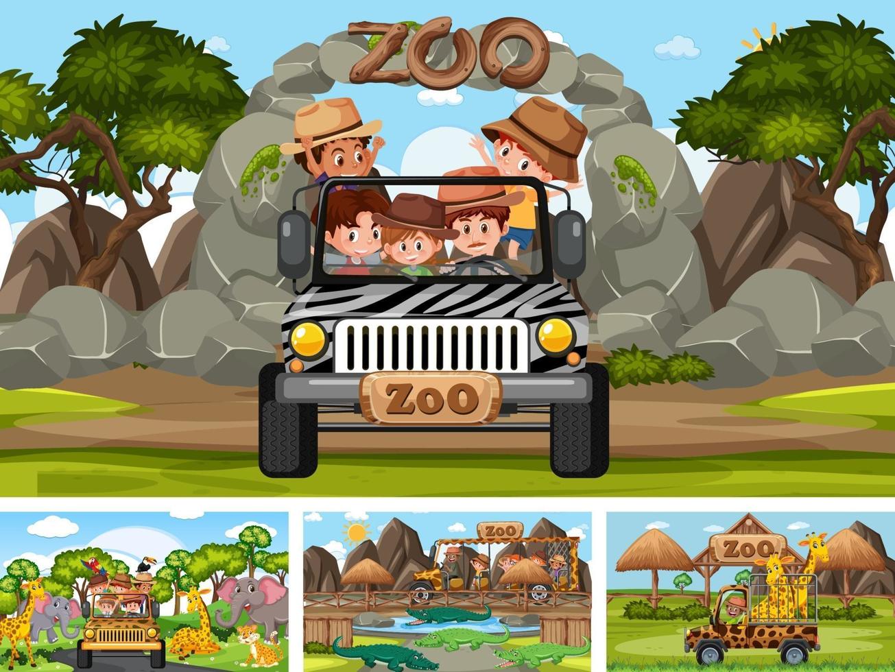 Cuatro escenas de zoológico diferentes con niños y animales. vector