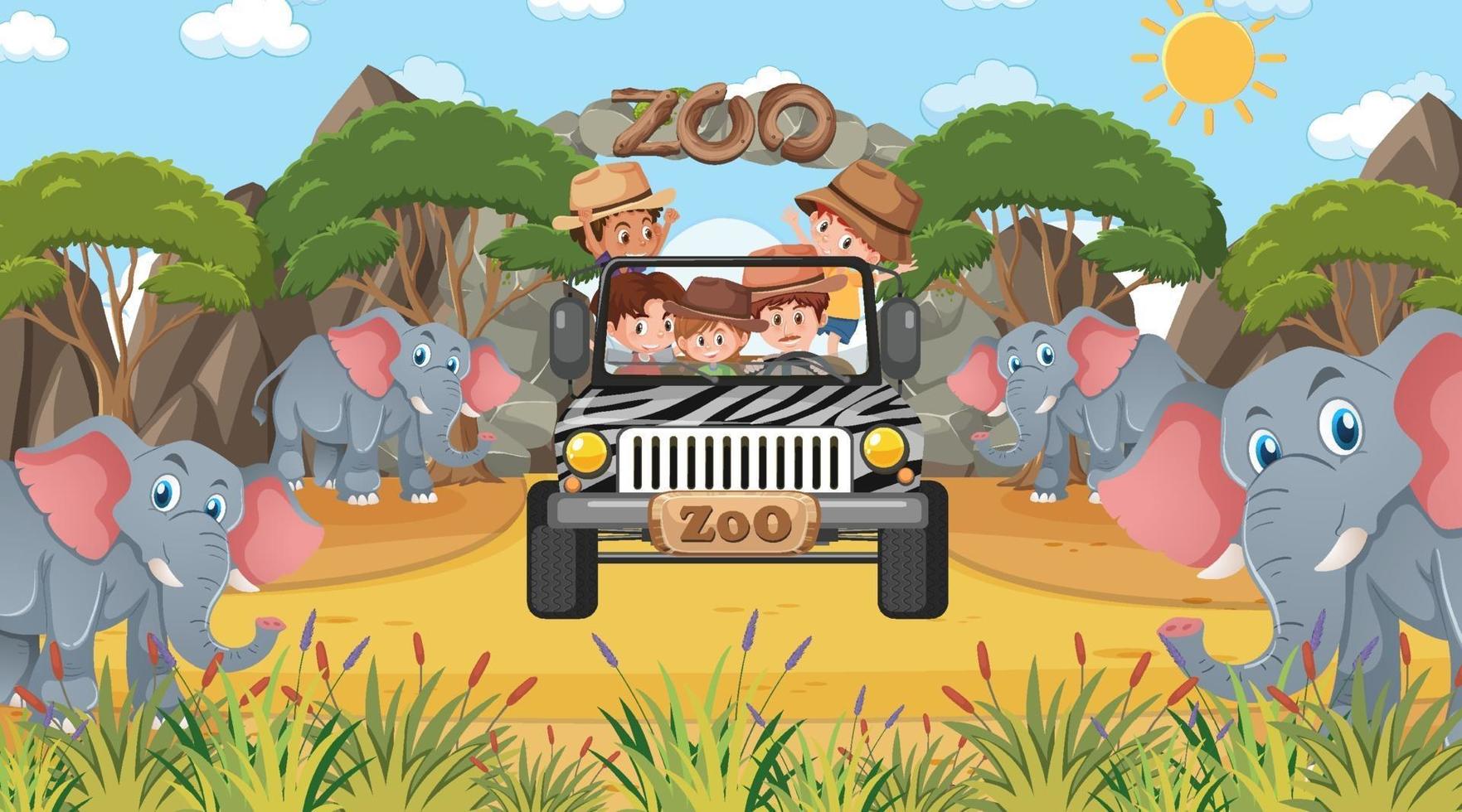Safari en la escena diurna con muchos niños viendo un grupo de elefantes. vector
