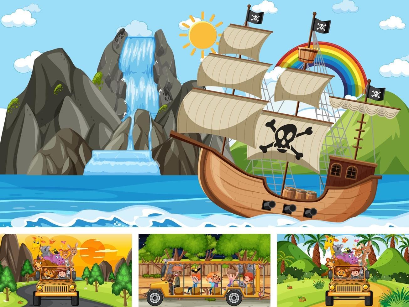 Set of different scenes with pirate ship at the sea and animals in the zoo vector