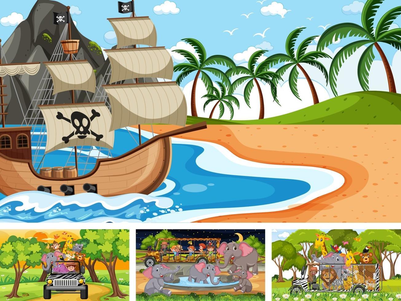 Conjunto de diferentes escenas con barco pirata en el mar y animales en el zoológico. vector