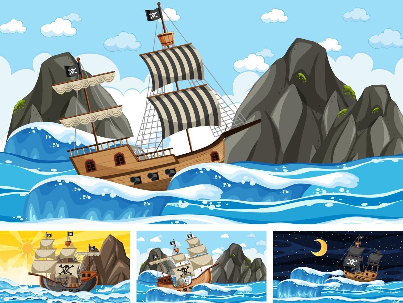 Set of ocean scenes at different times with Pirate ship in cartoon style vector